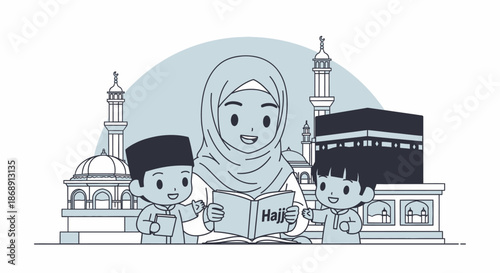 Mother teaching children about Islamic faith and culture.