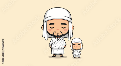 Cartoon illustration of a man and child in traditional white robes and head coverings.