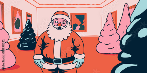 Santa Claus in Modern Art Gallery with Abstract Installations