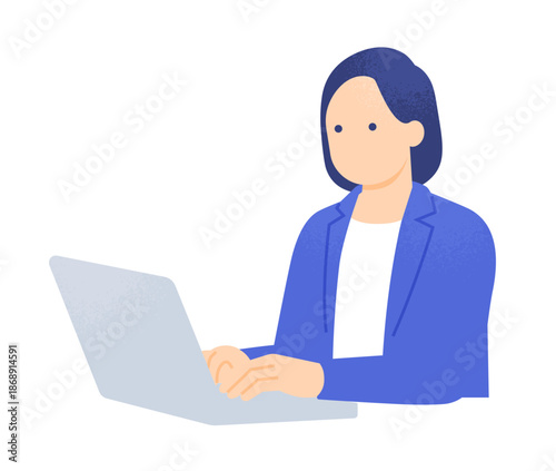 データ分析や資料作成を行う女性。ノートパソコンでデスクワークをする人物イラスト。