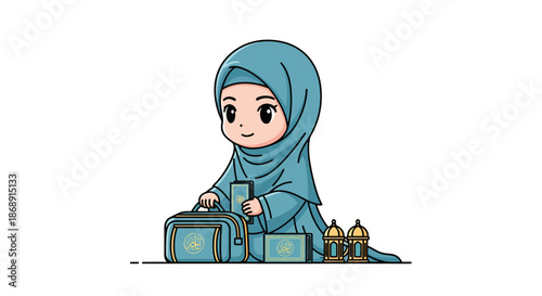 Cartoon girl in hijab packing suitcase for travel.