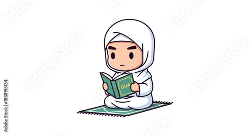 A young Muslim girl reading a book on a prayer mat with a contemplative expression.