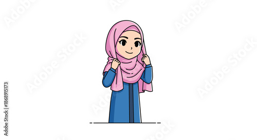 Cartoon illustration of a Muslim woman wearing a pink hijab and blue dress.
