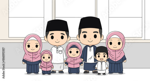 Cartoon Muslim family standing together in traditional clothing.