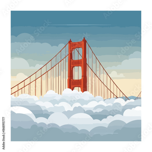 Vector illustration of the Golden Gate Bridge rising above fluffy white clouds against a blue sky with a warm sunny atmosphere.