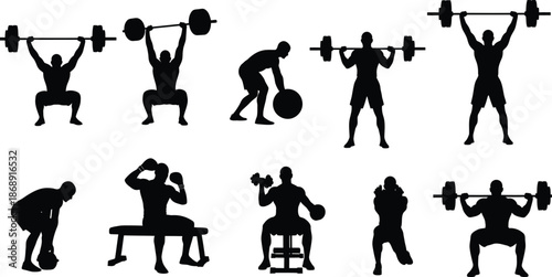 Silhouette of various weightlifting exercises and positions