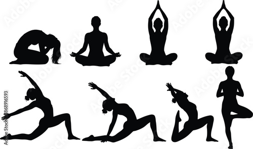 Yoga poses silhouette illustrations for fitness and wellness