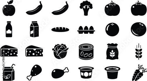 Food and drink icons in black silhouette on white background