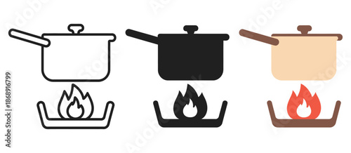 Cooking Pot on Flame Icon Set, Including Line, Solid Black, and Color Burner Versions, Vector Graphics for Culinary Design