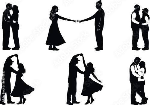 Silhouette illustrations of couples in romantic dance poses