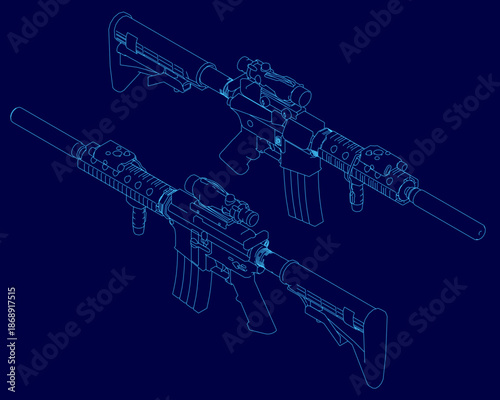 Detailed blueprint of two distinct assault rifles in automatic weapon set. Contour lines define each firearm's shape on stark blue background for technical or military concept. Isometric view