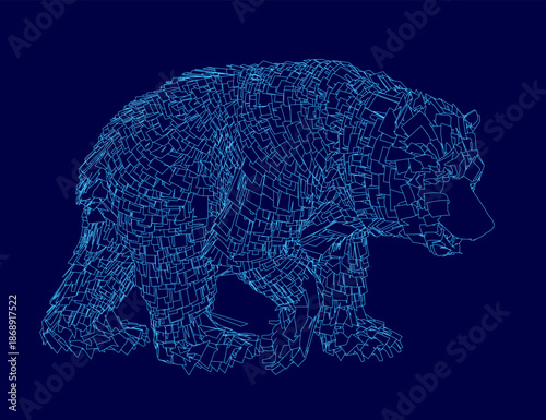 A walking grizzly bear contour is depicted as a complex wireframe of lines and shapes against a solid blue background.