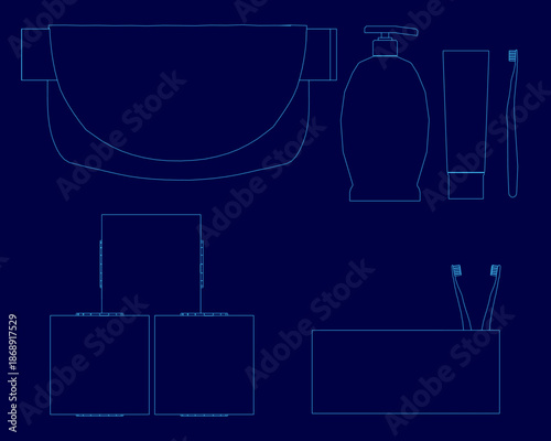 Blueprint contour of a bathroom set includes a toilet, sink, bottle, and two brushes for supplies planning.