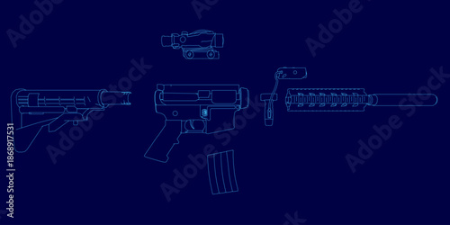 Detailed blueprint of an rifle, disassembled into its automatic weapon components. The technical contour drawing is presented on a dark blue background.