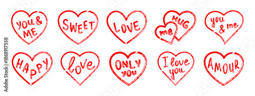 Hand drawn marker heart set with handwritten romantic phrases. Red doodle hearts in expressive childlike style. Vector illustration isolated.