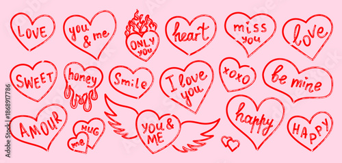 Hand drawn marker heart set with handwritten romantic lettering. Playful doodle hearts with love phrases in red ink. Vector illustration isolated on background, expressive childlike style.