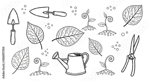 Gardening tools and plants illustration for springtime activities and growth.