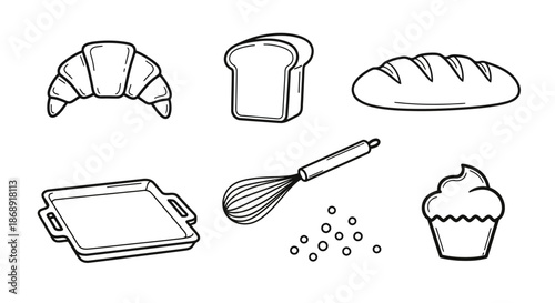 Hand drawn bakery items and baking tools set.