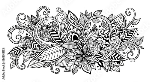 Hand drawn abstract floral arrangement with intricate zentangle patterns.