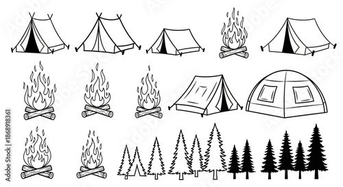 Hand drawn camping elements set with tents campfires and pine trees.