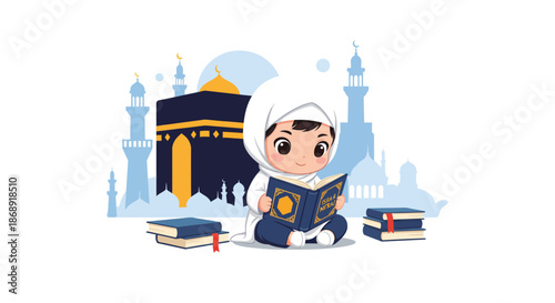 Adorable Muslim child in hijab reading holy book illustration, with Kaaba and mosque background, representing Islamic education and faith.