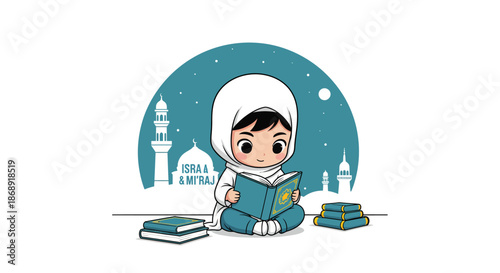 Cute Muslim child reading religious book, Isra and Miraj theme, Islamic education vector illustration
