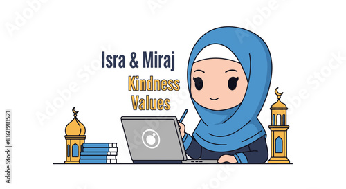 Islamic Education: Cute Muslim Woman Studying Isra & Miraj Kindness Values with Laptop and Books
