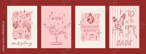 Fun, sexy disco birthday party invitation card collection. Cute Valentine's day trendy whimsical line art poster design set. Fun pink wall art decoration. Vector sparkling hand drawn illustration