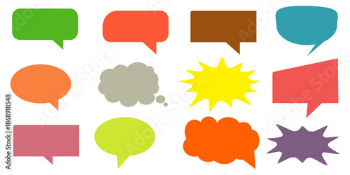 A simple design set of colorful message comment chat boxes. A collection of comic and social media speech bubbles, text boxes, and chat boxes. A vector set of comic and social media speech bubbles.