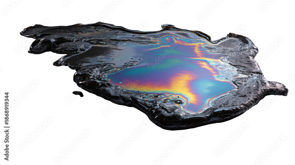 Fototapeta premium Crude oil spill forming a colorful iridescent slick on a dark liquid, representing pollution and environmental harm, transparent background