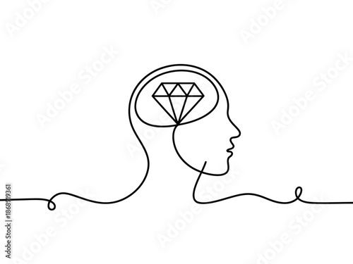 A minimalist line drawing of a human head with a diamond in the brain, symbolizing a creative idea or innovative thinking.