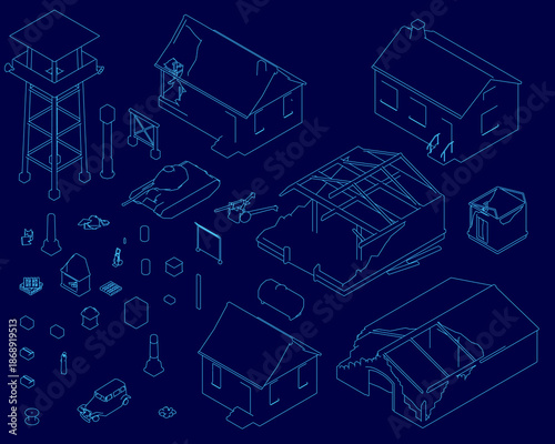 A military blueprint details strategic building destruction with weapon placements and vehicle deployment on a blue technical background. Isometric view