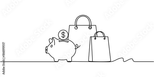 A simple line drawing of a piggy bank with shopping bags and a coin with a dollar sign.
