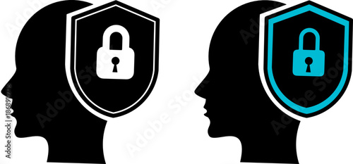 User privacy icons with head profile and lock shield. Cyber security protection concept in black and blue duotone