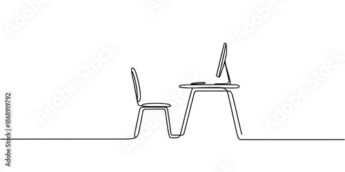 A minimalist line drawing of a desk with a laptop and a chair in a modern workspace
