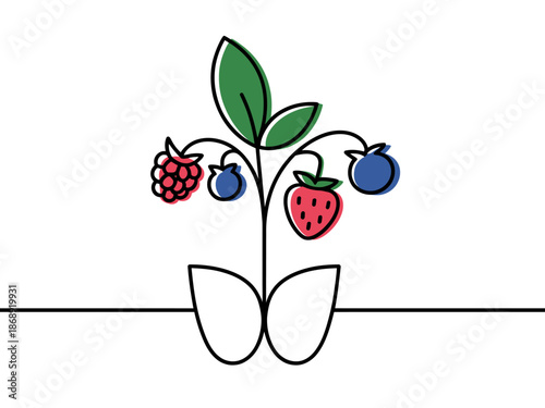 A colorful illustration of a plant with various fruits growing from it in a pot