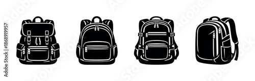 Backpack vector icons set: classic, modern, travel, and school bag designs