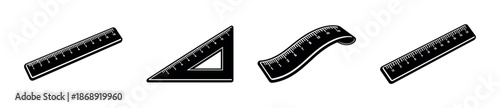 Measuring tools vector icons set: rulers, triangles, flexible rulers in black