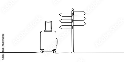 A minimalist line drawing of a suitcase next to a directional signpost with multiple arrows pointing in different directions.