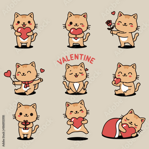A collection of nine cute cartoon ginger cats expressing love and celebrating Valentine's Day with hearts, roses, and gifts on a beige background.