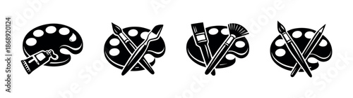 Art tools vector icons set: palette, paintbrush, artistic tools collection