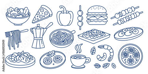 A collection of various food items and dishes in a simple line drawing style