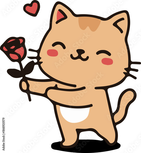 A cute cartoon cat with rosy cheeks happily offering a red rose and a floating heart.
