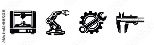 Industrial tools vector icons set: 3d printer, robotic arm, gear, caliper, wrench