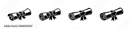 Diploma vector icons set in flat style, certificate symbols, graduation scrolls