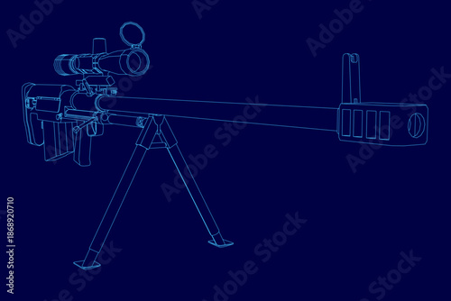 Detailed blueprint of a sniper rifle with a long barrel and scope, isolated on a solid blue background for stark contrast.