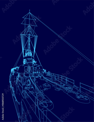 A vintage battleship blueprint on a blue background, featuring detailed contours of the stern and prominent gun turrets. The stark contrast makes the warship design stand out clearly.