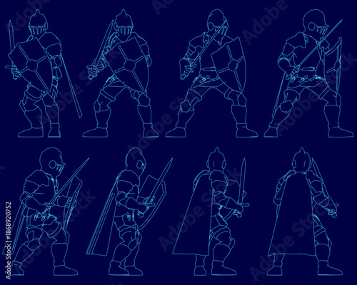 Armored knight silhouettes stand ready with swords and shields against a deep blue regal background.