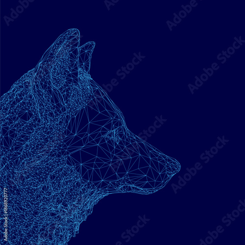 A low polygonal wireframe wolf head features an intricate geometric design of shapes and lines against a solid blue background.