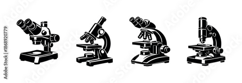 Microscope vector icons set: scientific instruments in flat, solid black style